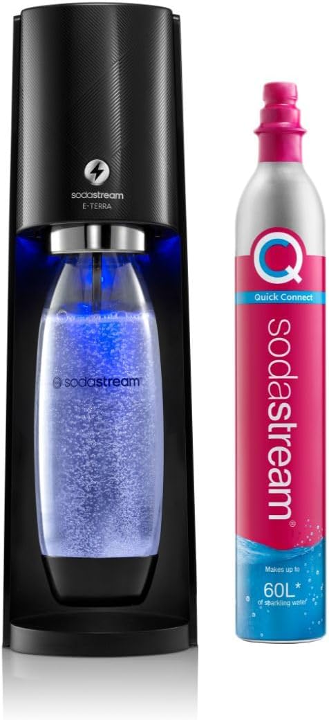 Sodastream - Electric Terra Sparkling Water Maker, 3 Carbonation Settings, Quick Connect CO2, Includes 60L Gas Cylinder, BPA-Free Bottle, Black