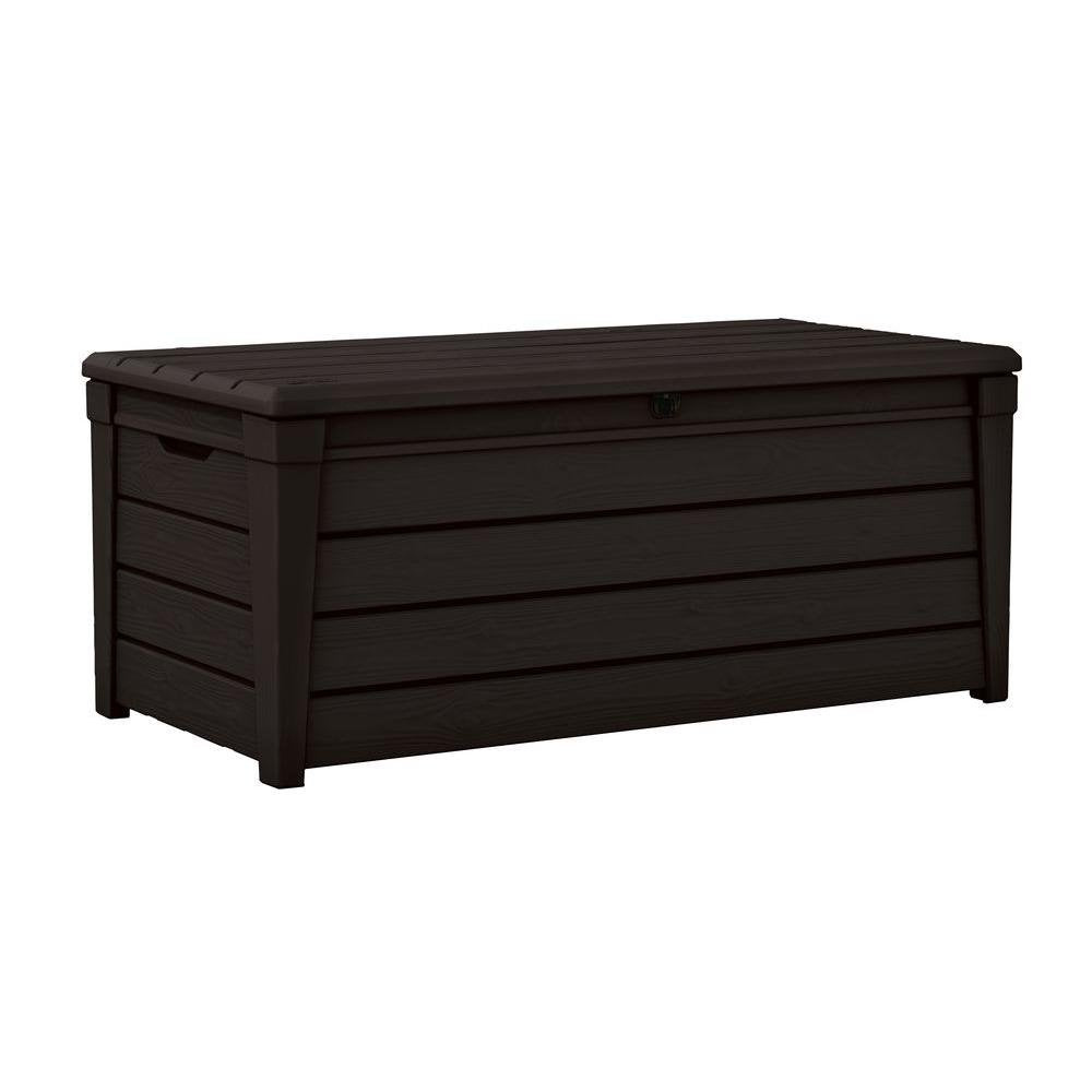 Keter Signature Ontario 575L Outdoor Storage Box – Rosewood | Weather‑Resistant Wood‑Look Storage Box with Lockable Lid, Extra Seating for 2, UV‑Protected Garden Storage