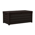 Keter Signature Ontario 575L Outdoor Storage Box – Rosewood | Weather‑Resistant Wood‑Look Storage Box with Lockable Lid, Extra Seating for 2, UV‑Protected Garden Storage