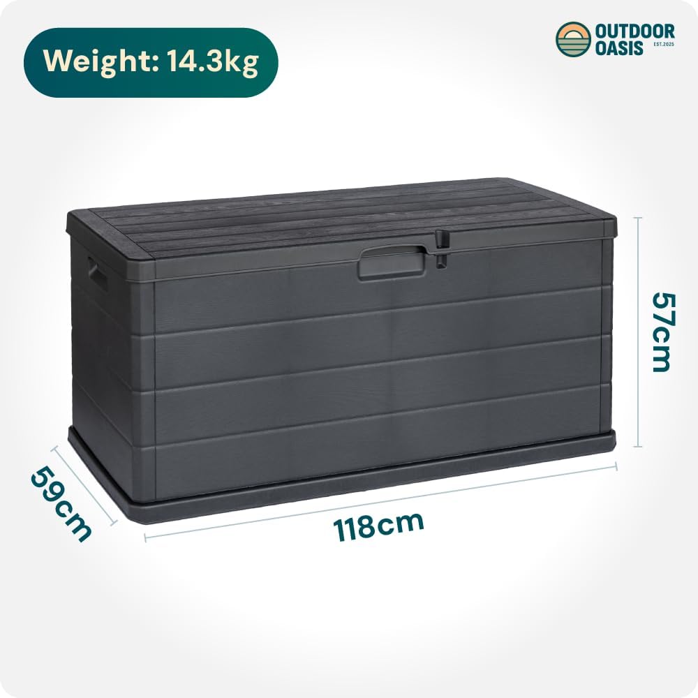 Large Garden Storage Box 340L – Plastic Outdoor Cushion Storage Chest with Lockable Lid – Water Resistant Deck Box for Parcels, Tools & Toys, Grey