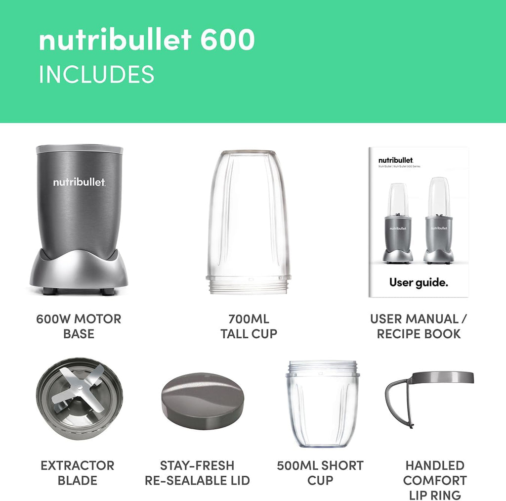 nutribullet Blender 600 Series in Graphite - Powerful 20,000 RPM Extractor Blends Frozen Fruit, Nuts & Ice - 7 Piece Kit Includes Tall Cup, Short Cup, Ideal for Smoothies