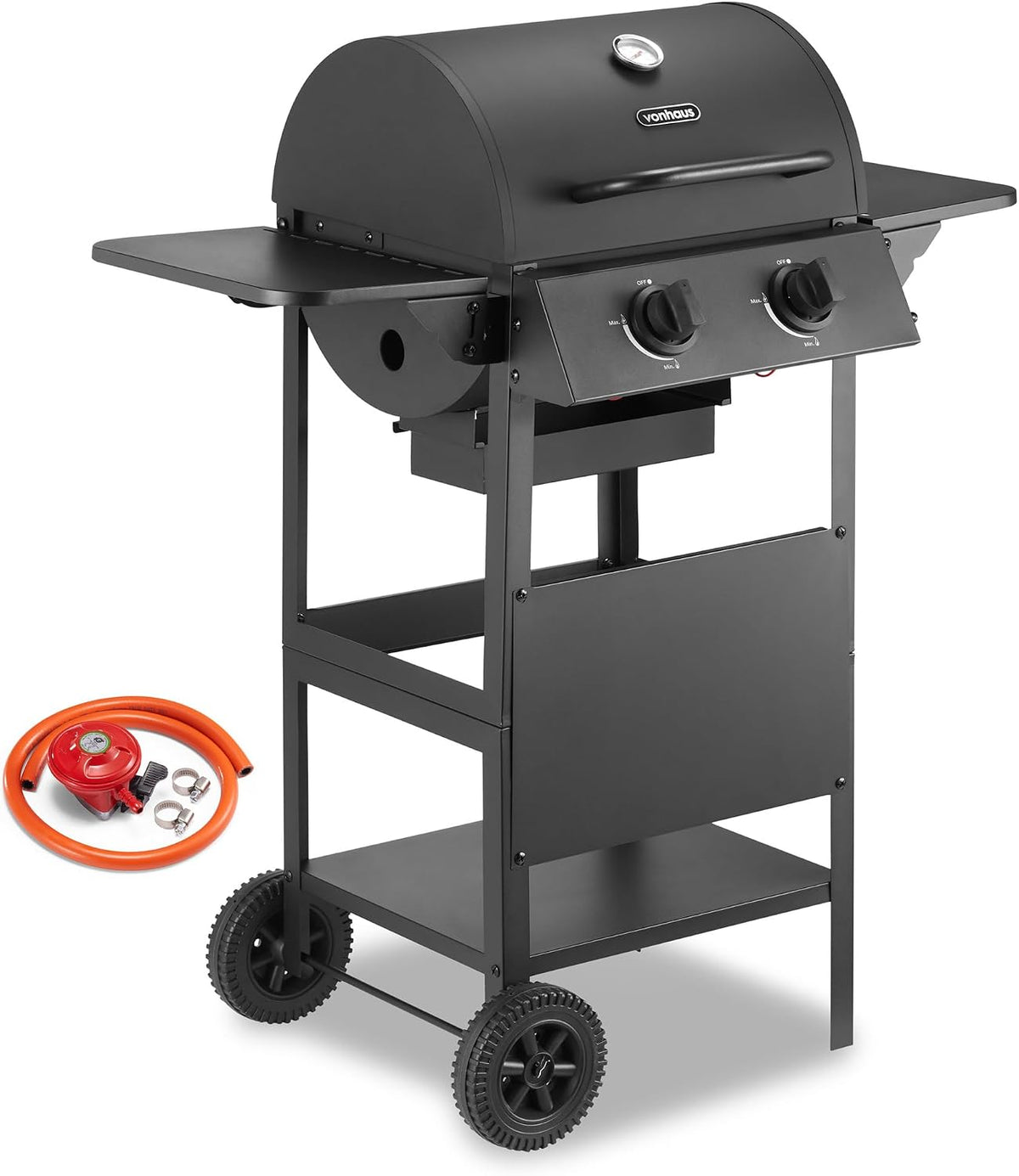 VonHaus Gas BBQ – Barbecue with x2 Gas Burners, Warming Rack, Fold Down Shelves, Temperature Gauge, Wheels, Large Cooking Grill & More – Barbeque that can Grill Meat, Fish & Vegetables