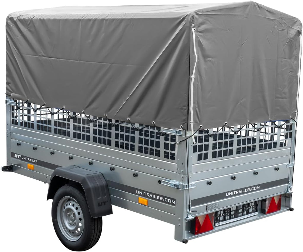 Garden Trailer 230 Hochplane 750 kg, Bügel grau, Autoanhänger mit Schutzgitter, Stützrad, Transportfläche 230cm x 125cm