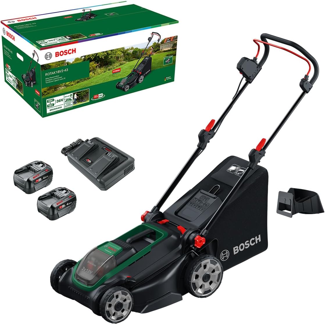 Bosch Cordless Lawn Mower ROTAK18V2-43 (Cutting Width: 43 cm, Height of Cut: 30-75 mm, 40 l Fabric Grass Bag, Mulch Plug, incl 2 x 18V Battery and Charger)