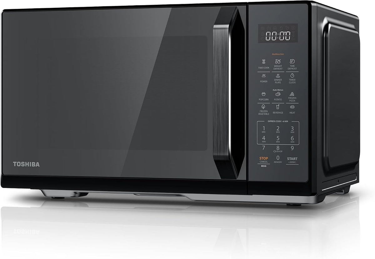 Toshiba Black Mirror Microwave 900w 23L Microwave Oven with Digital Display, Solo, Auto Defrost, One-Touch Express Cook with 11 Power Levels, 7 Auto Menus, Perfect for 10'' Pizza, MW3-EM23PF(MB)