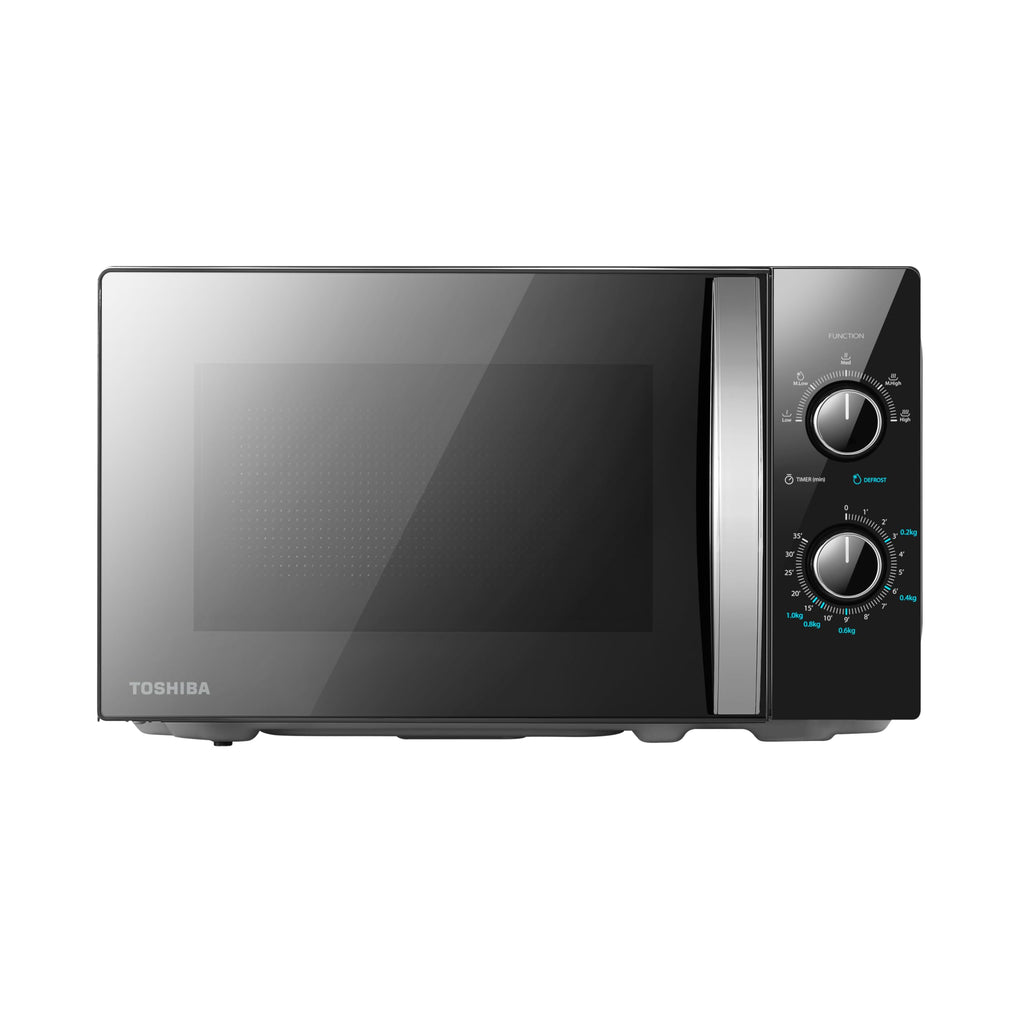 TOSHIBA Black Mirror Front Microwave 20 Liter 700W Manual Control, Compact with 5 Power Levels, Automatic Defrost, Perfect for 9'' Pizza, Clock and Timer, Easy Clean, MW2-MM20PF(MB)