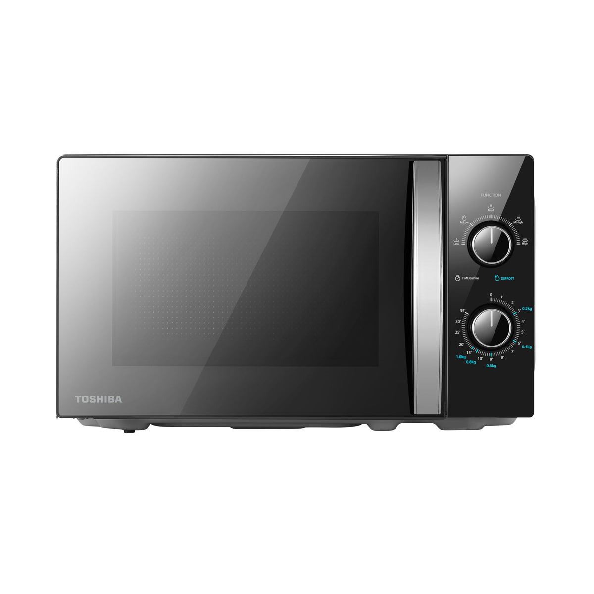 TOSHIBA Black Mirror Front Microwave 20 Liter 700W Manual Control, Compact with 5 Power Levels, Automatic Defrost, Perfect for 9'' Pizza, Clock and Timer, Easy Clean, MW2-MM20PF(MB)