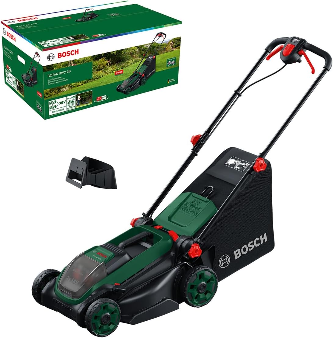Bosch Cordless Lawn Mower ROTAK18V2-38 (Cutting Width: 38 cm, Height of Cut: 30-75 mm, 40 l Fabric Grass Bag, Mulch Plug, Without Battery)