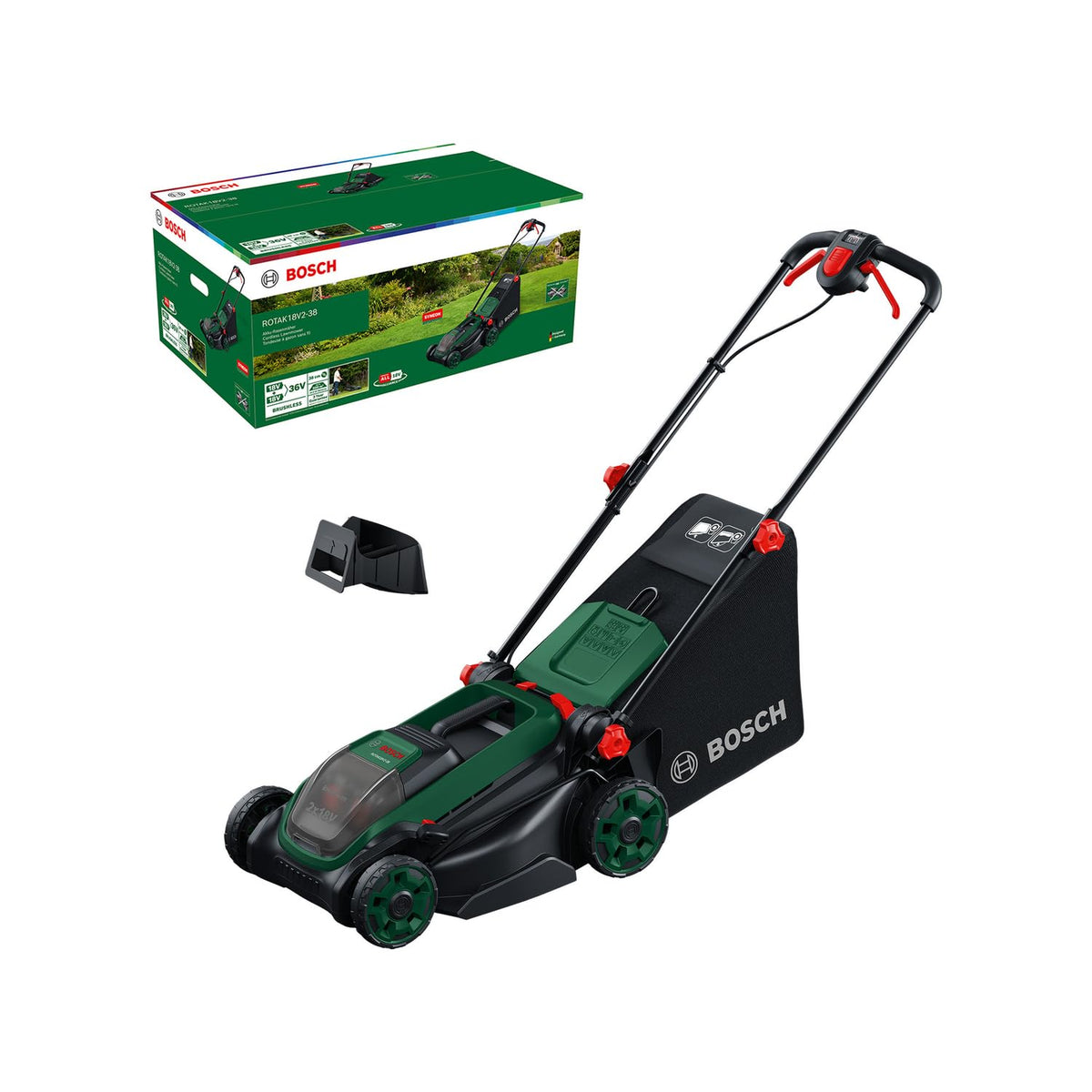 Bosch Cordless Lawn Mower ROTAK18V2-38 (Cutting Width: 38 cm, Height of Cut: 30-75 mm, 40 l Fabric Grass Bag, Mulch Plug, incl 2 x 18V Battery and Charger)