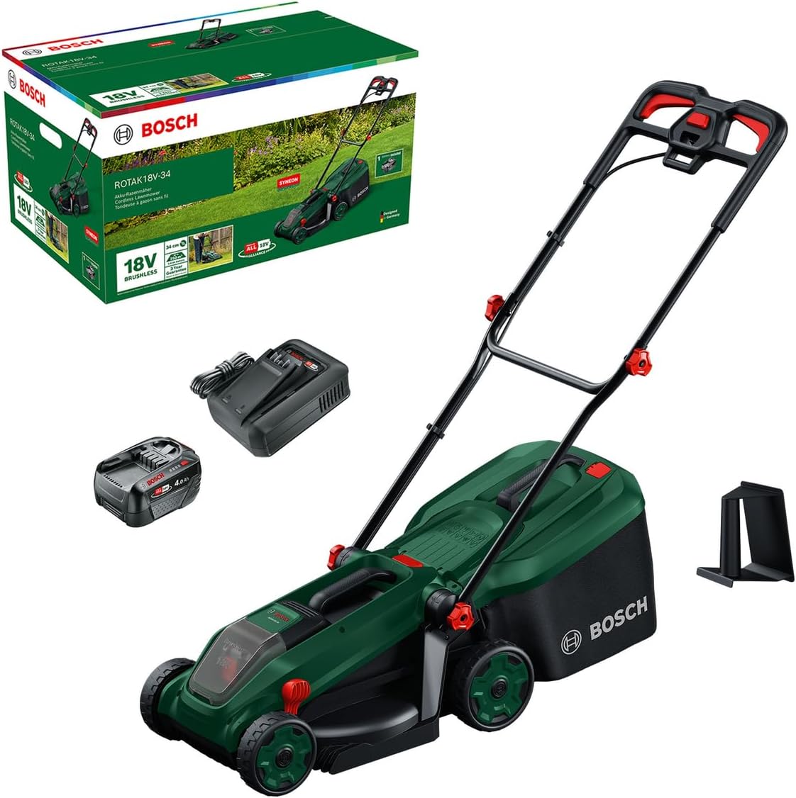 Bosch Cordless Lawn Mower ROTAK18V-34 (Cutting Width: 34 cm, Height of Cut: 25-65 mm, 35 l Fabric Grass Bag, Mulch plug, incl. Battery and Charger)
