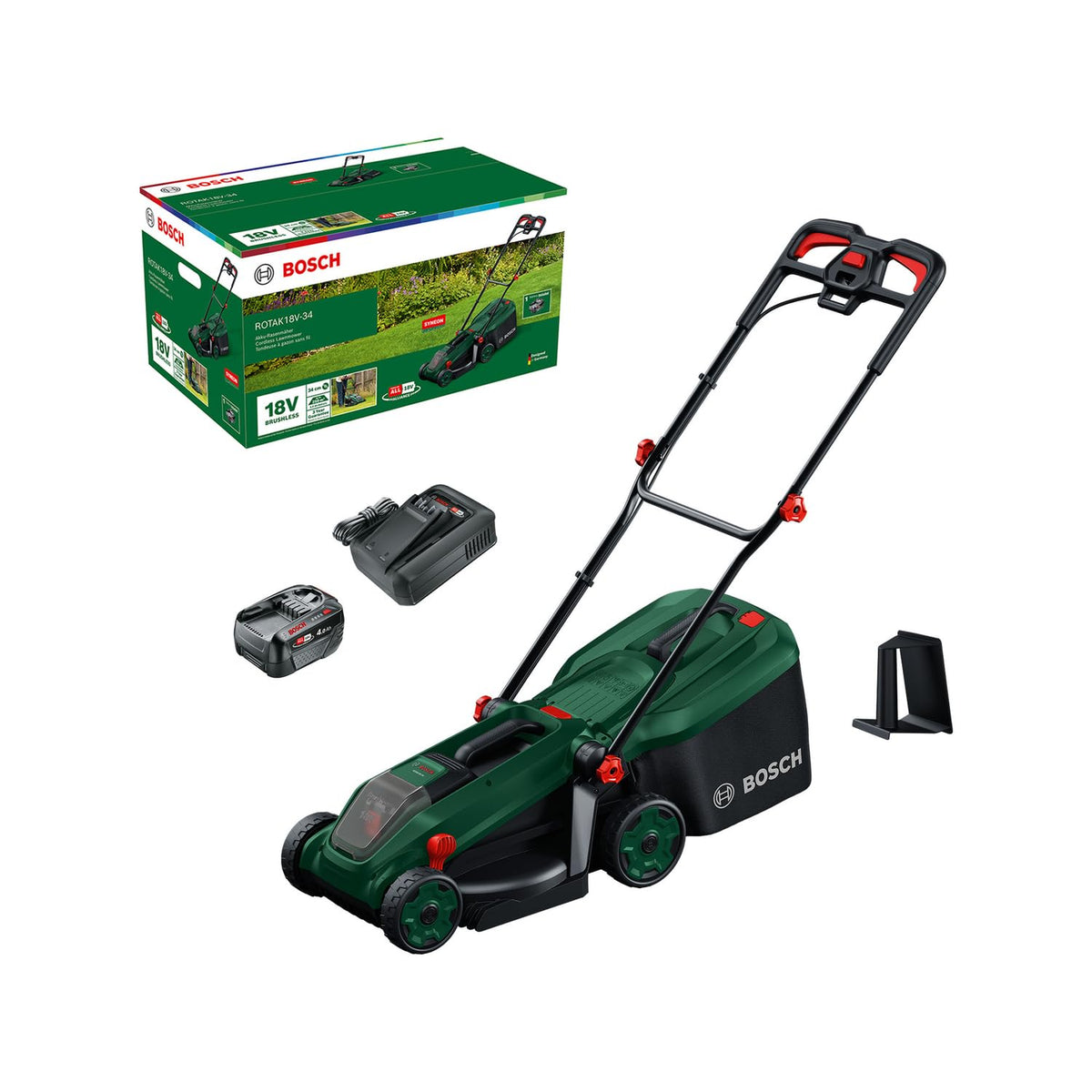 Bosch Cordless Lawn Mower ROTAK18V-34 (Cutting Width: 34 cm, Height of Cut: 25-65 mm, 35 l Fabric Grass Bag, Mulch plug, without Battery)