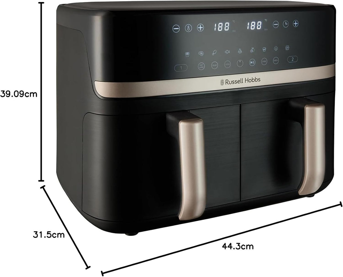 Russell Hobbs Dual Air Fryer, 9L Rapid Airfryer XXL, Dual Basket and Zone
