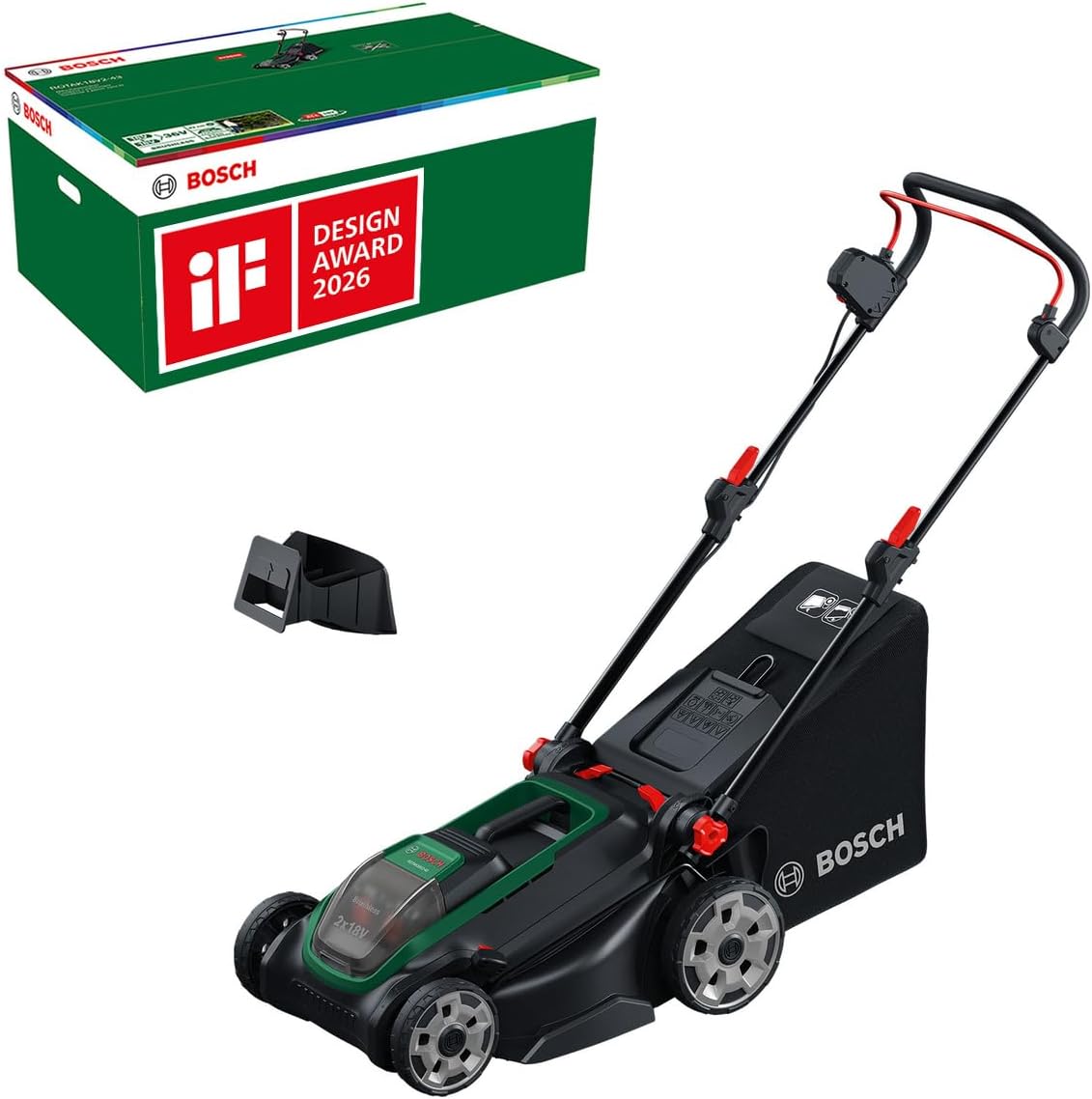 Bosch Cordless Lawn Mower ROTAK18V2-43 (Cutting Width: 43 cm, Height of Cut: 30-75 mm, 50 l Fabric Grass Bag, Mulch Plug, Without Battery)