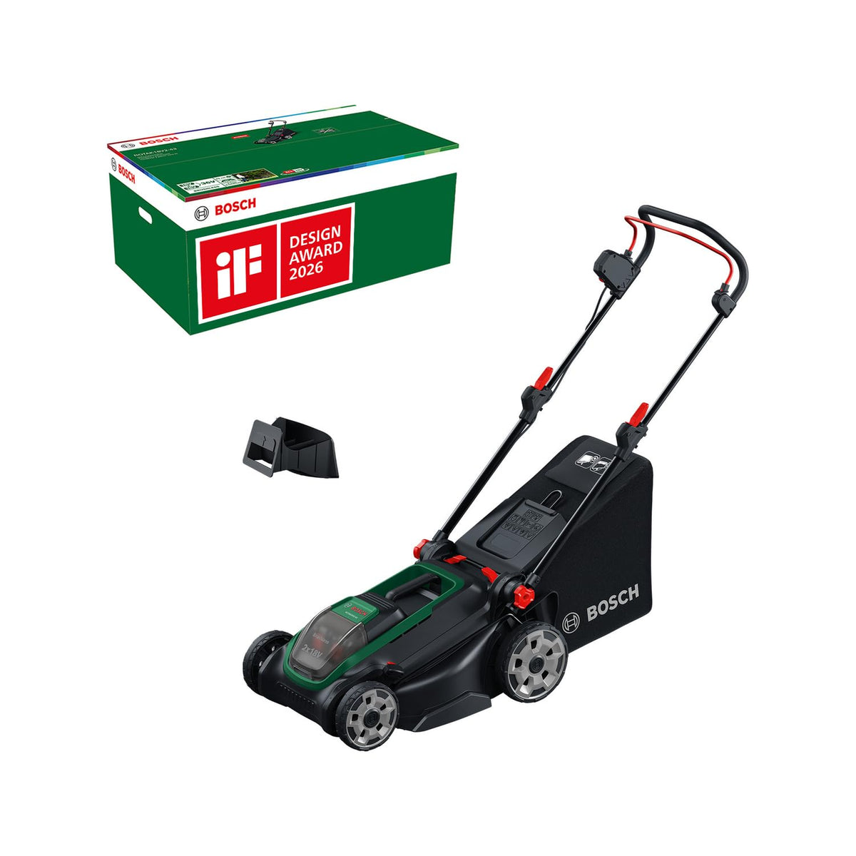 Bosch Cordless Lawn Mower ROTAK18V2-43 (Cutting Width: 43 cm, Height of Cut: 30-75 mm, 40 l Fabric Grass Bag, Mulch Plug, incl 2 x 18V Battery and Charger)