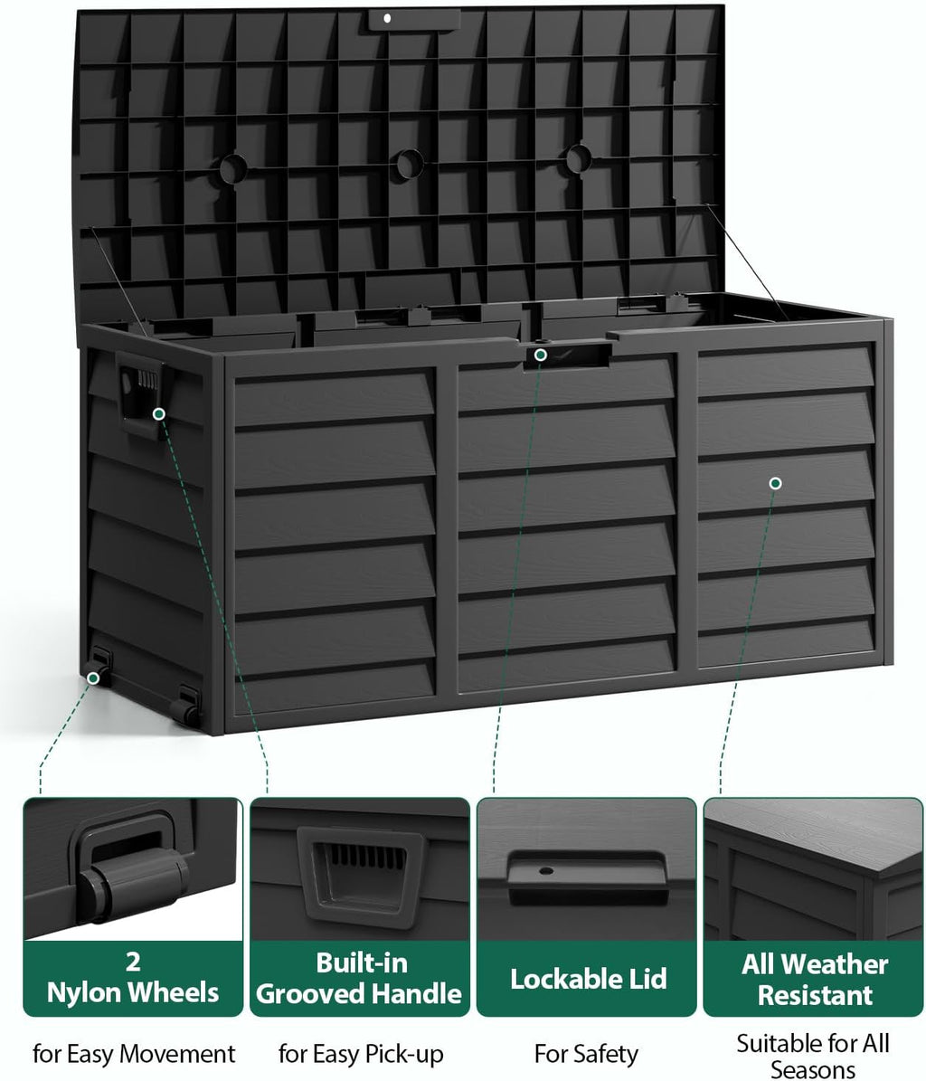 The Fellie Garden Storage Box with Wheels, 290L Lockable Garden Storage Boxes Waterproof, Plastic Outside Storage Box for Gardening Tools, Cushions, Toys, 112x49x54cm, Black
