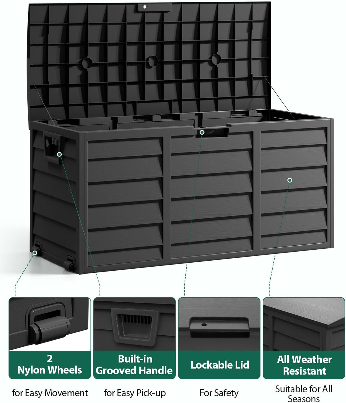 The Fellie Garden Storage Box with Wheels, 290L Lockable Garden Storage Boxes Waterproof, Plastic Outside Storage Box for Gardening Tools, Cushions, Toys, 112x49x54cm, Black