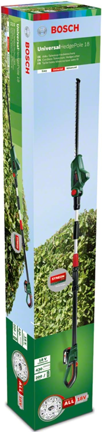 Bosch Cordless Telescopic Hedge Trimmer UniversalHedgePole 18 (1 Battery, 18 Volt System, in Carton Packaging)