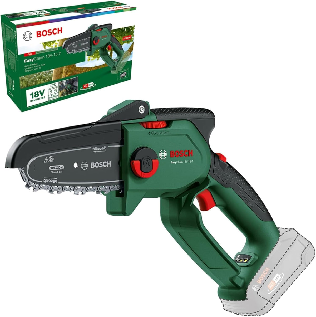 Bosch Mini Chain Saw EasyChain 18V-15-7 (for Cutting Through Wood; 18 Volt System; Chain Speed: 6.95m/s; Without Battery)