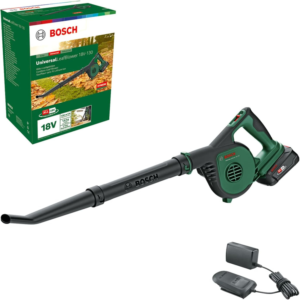 Bosch Cordless Leaf Blower UniversalLeafBlower 18V-130 (for Fast and Easy Outdoor Clearing; 18 Volt System; 1x 2.5Ah Battery and Charger)