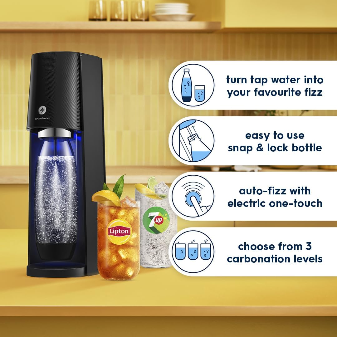 Sodastream - Electric Terra Sparkling Water Maker, 3 Carbonation Settings, Quick Connect CO2, Includes 60L Gas Cylinder, BPA-Free Bottle, Black