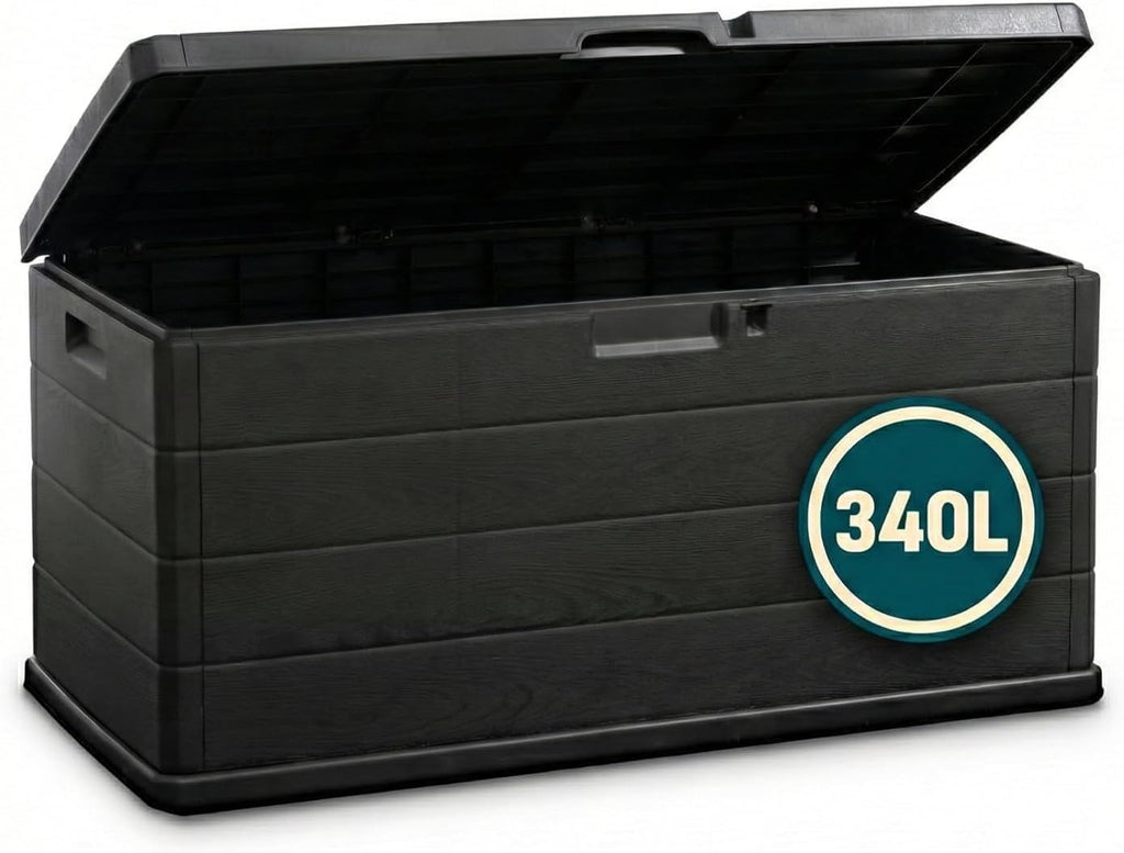 Large Garden Storage Box 340L – Plastic Outdoor Cushion Storage Chest with Lockable Lid – Water Resistant Deck Box for Parcels, Tools & Toys, Grey