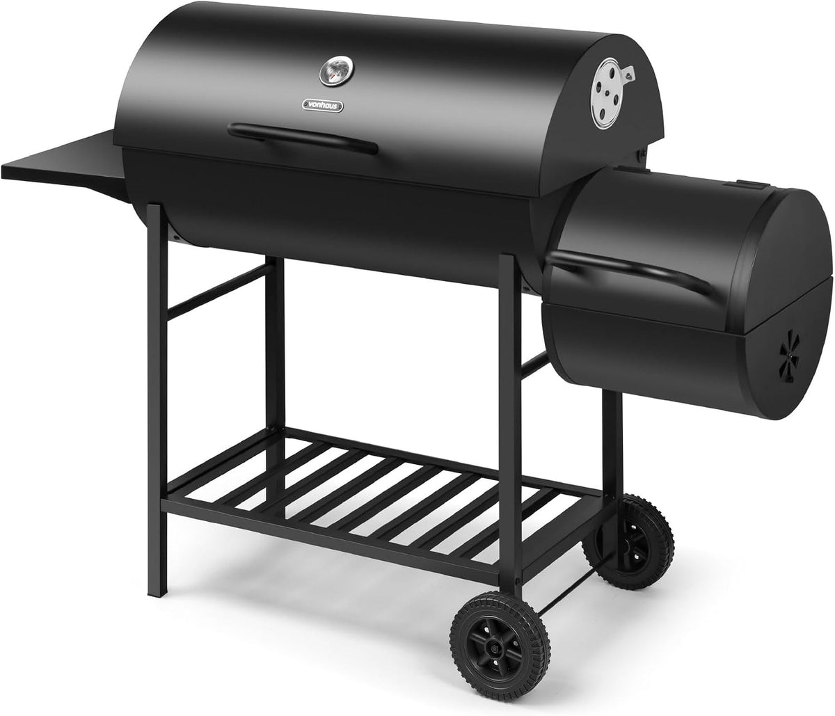 VonHaus Charcoal BBQ – Portable Barrel Barbecue with Offset Smoker, Temperature Gauge, Wheels, Large Cooking Grill, Air Vents – 2 in 1 Barbeque and Smoker – Grill Meat, Fish & Vegetables