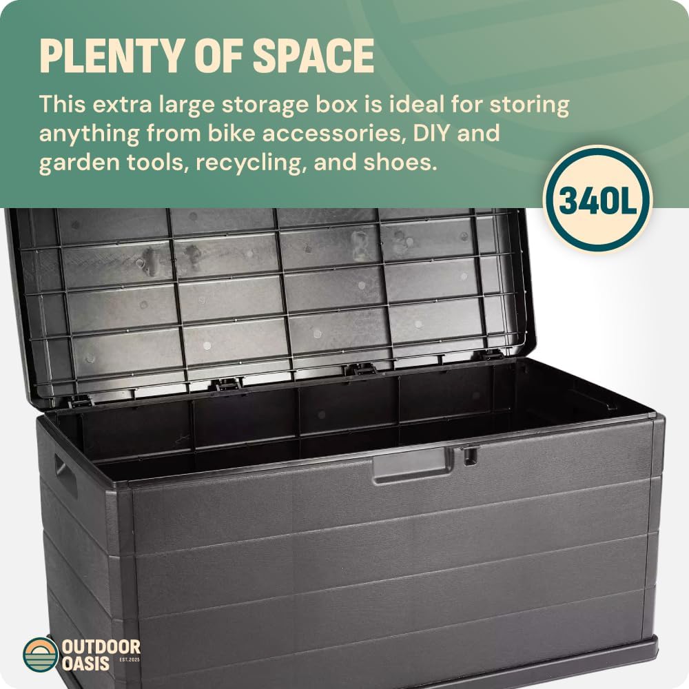 Large Garden Storage Box 340L – Plastic Outdoor Cushion Storage Chest with Lockable Lid – Water Resistant Deck Box for Parcels, Tools & Toys, Grey