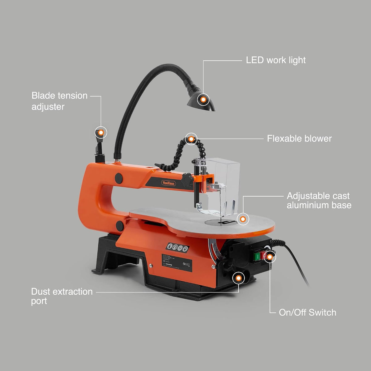 VonHaus Scroll Saw 405mm with Variable Speed and LED Light - Suitable for Pinned and Pinless Blades - Adjustable Worktable