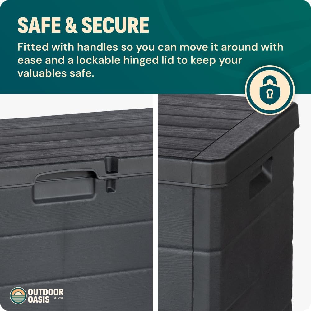 Large Garden Storage Box 340L – Plastic Outdoor Cushion Storage Chest with Lockable Lid – Water Resistant Deck Box for Parcels, Tools & Toys, Grey