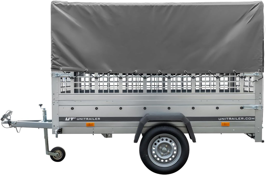 Garden Trailer 230 Hochplane 750 kg, Bügel grau, Autoanhänger mit Schutzgitter, Stützrad, Transportfläche 230cm x 125cm