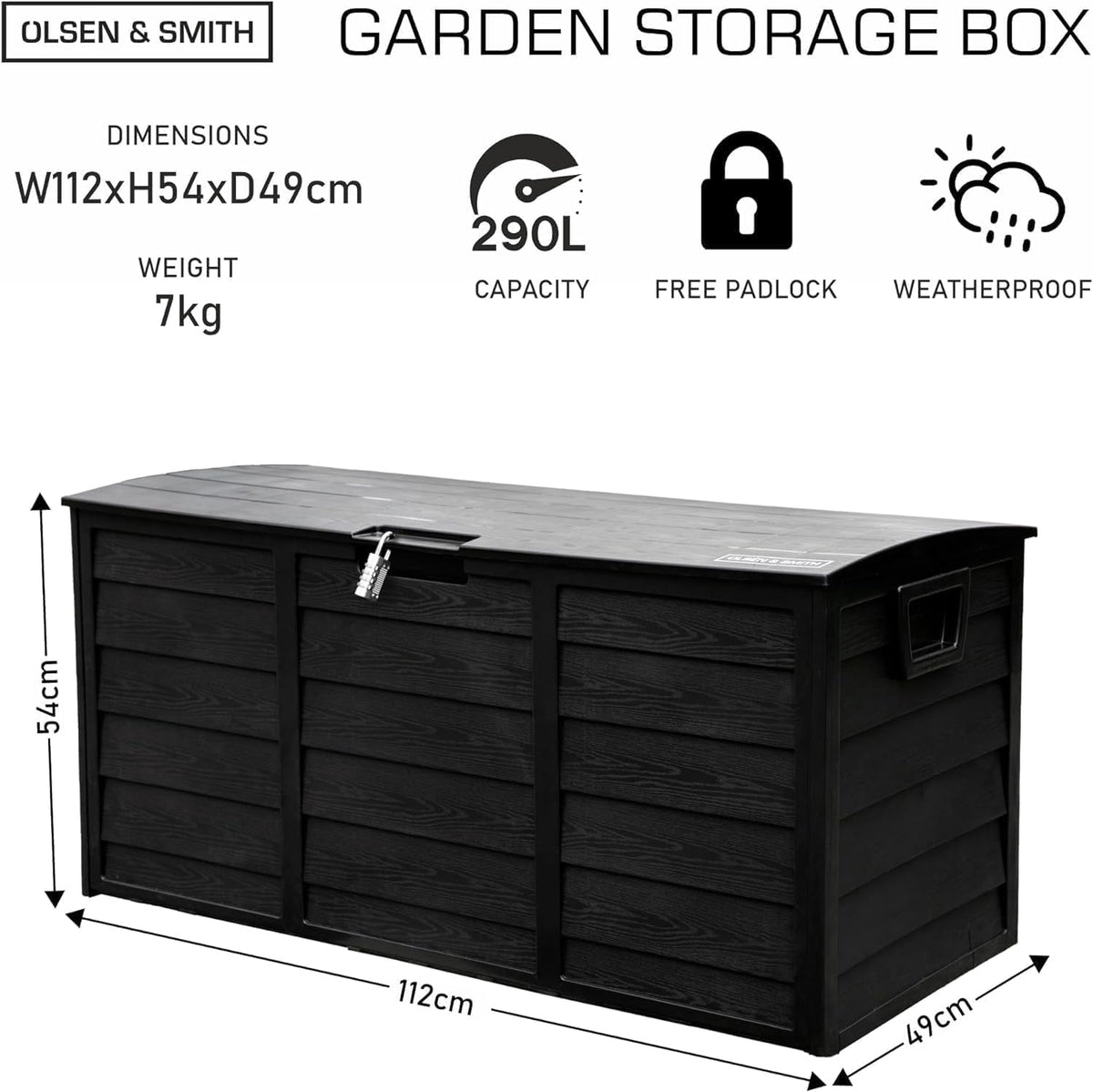 Olsen & Smith 290L Capacity Outdoor Garden Plastic Storage Cushion Box Furniture - Lockable with Padlock Lock, Weather Resistant, Shed Chest