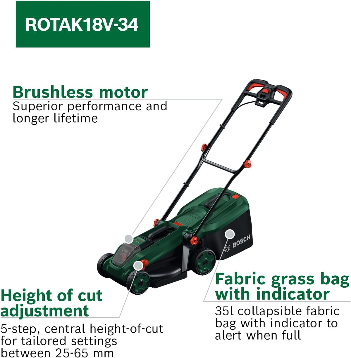 Bosch Cordless Lawn Mower ROTAK18V-34 (Cutting Width: 34 cm, Height of Cut: 25-65 mm, 35 l Fabric Grass Bag, Mulch plug, without Battery)