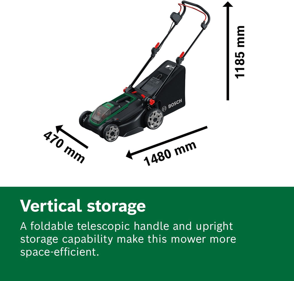 Bosch Cordless Lawn Mower ROTAK18V2-43 (Cutting Width: 43 cm, Height of Cut: 30-75 mm, 50 l Fabric Grass Bag, Mulch Plug, Without Battery)