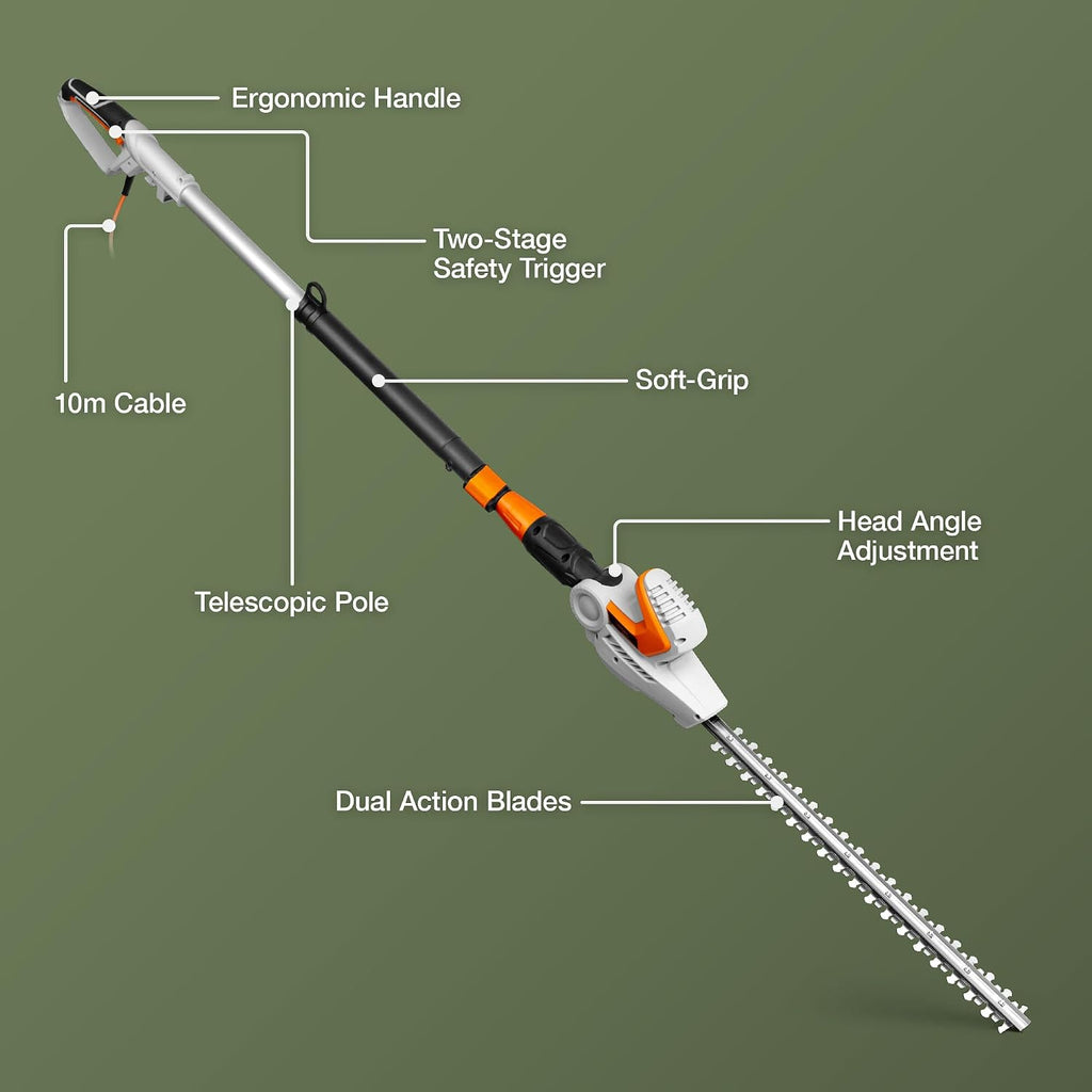 VonHaus Pole Hedge Trimmer Corded 500W – 10m Cable, Blade Cover, 45cm Blade
