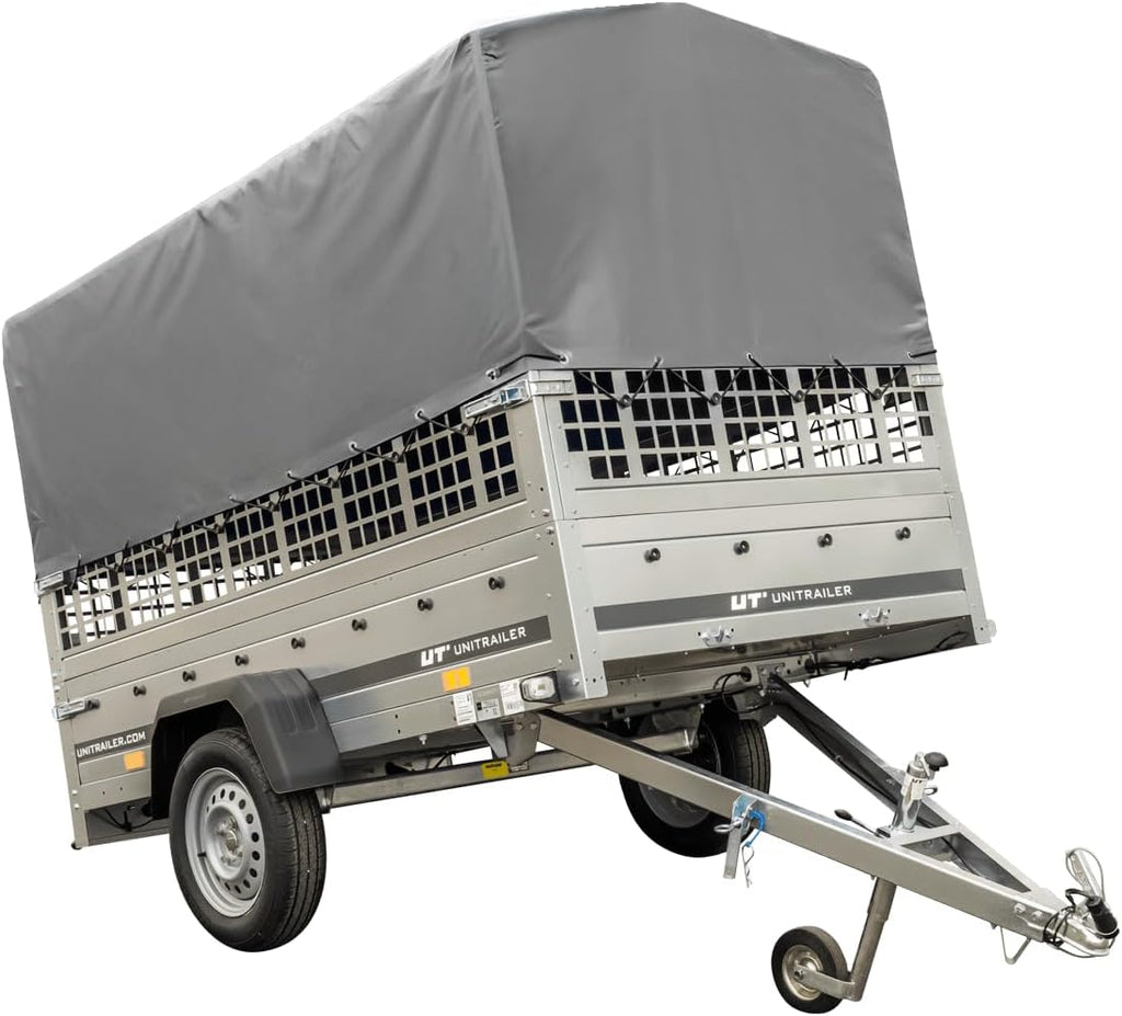 Garden Trailer 230 Hochplane 750 kg, Bügel grau, Autoanhänger mit Schutzgitter, Stützrad, Transportfläche 230cm x 125cm