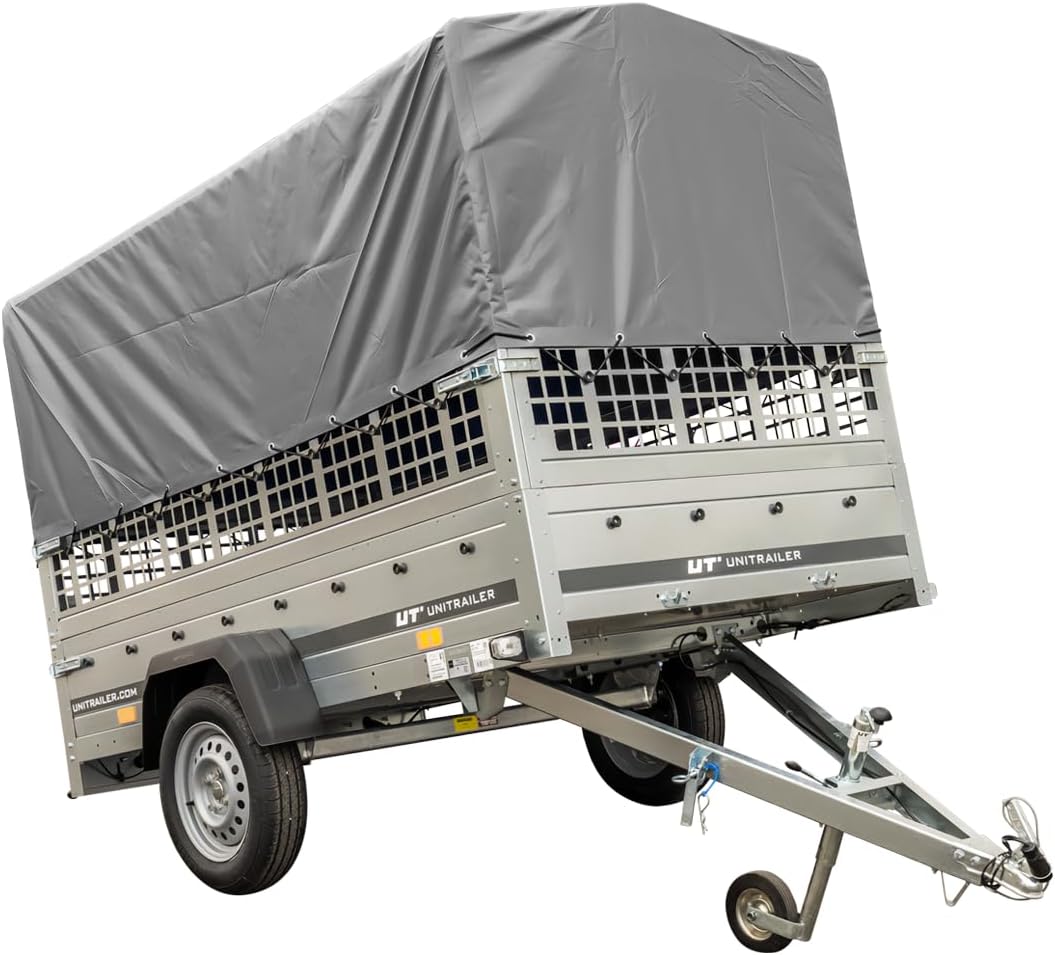 Garden Trailer 230 Hochplane 750 kg, Bügel grau, Autoanhänger mit Schutzgitter, Stützrad, Transportfläche 230cm x 125cm