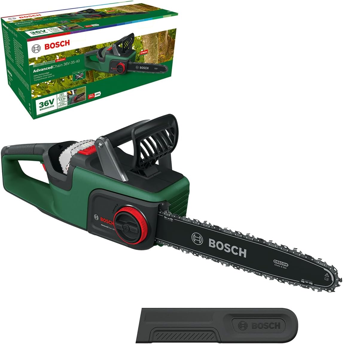 Bosch Cordless Chainsaw AdvancedChain 36V-35-40 (for Cutting Through Tough Hardwood; 36 Volt System; Chain Speed: 14m/s; Without Battery)
