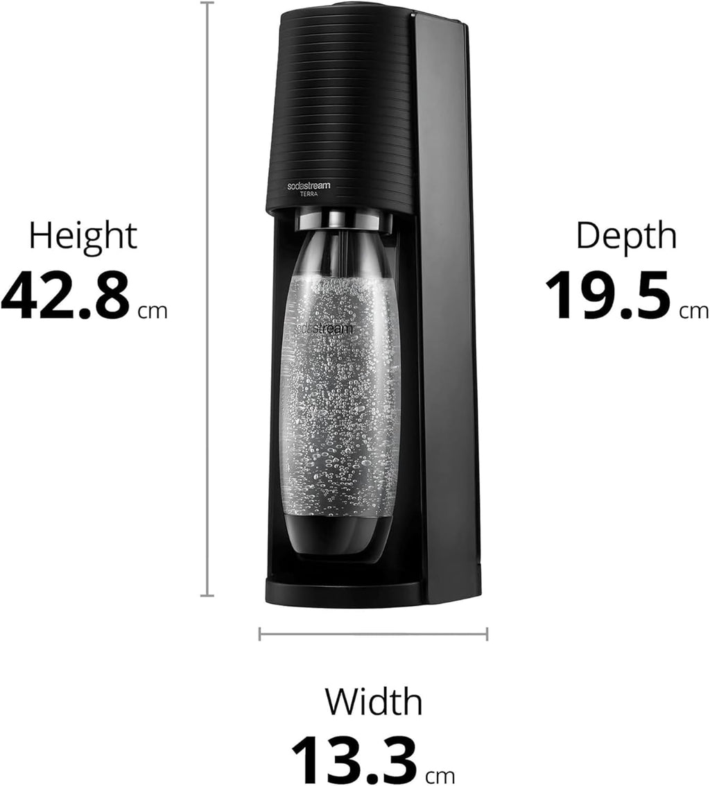 SodaStream - Terra Sparkling Water Maker starter bundle, Quick Connect CO2 System, Includes 60L Gas Cylinder, 1 x 440ml Pepsi Max, BPA-Free 1L Bottle, Eco-Friendly & Reduces Plastic Waste, Black