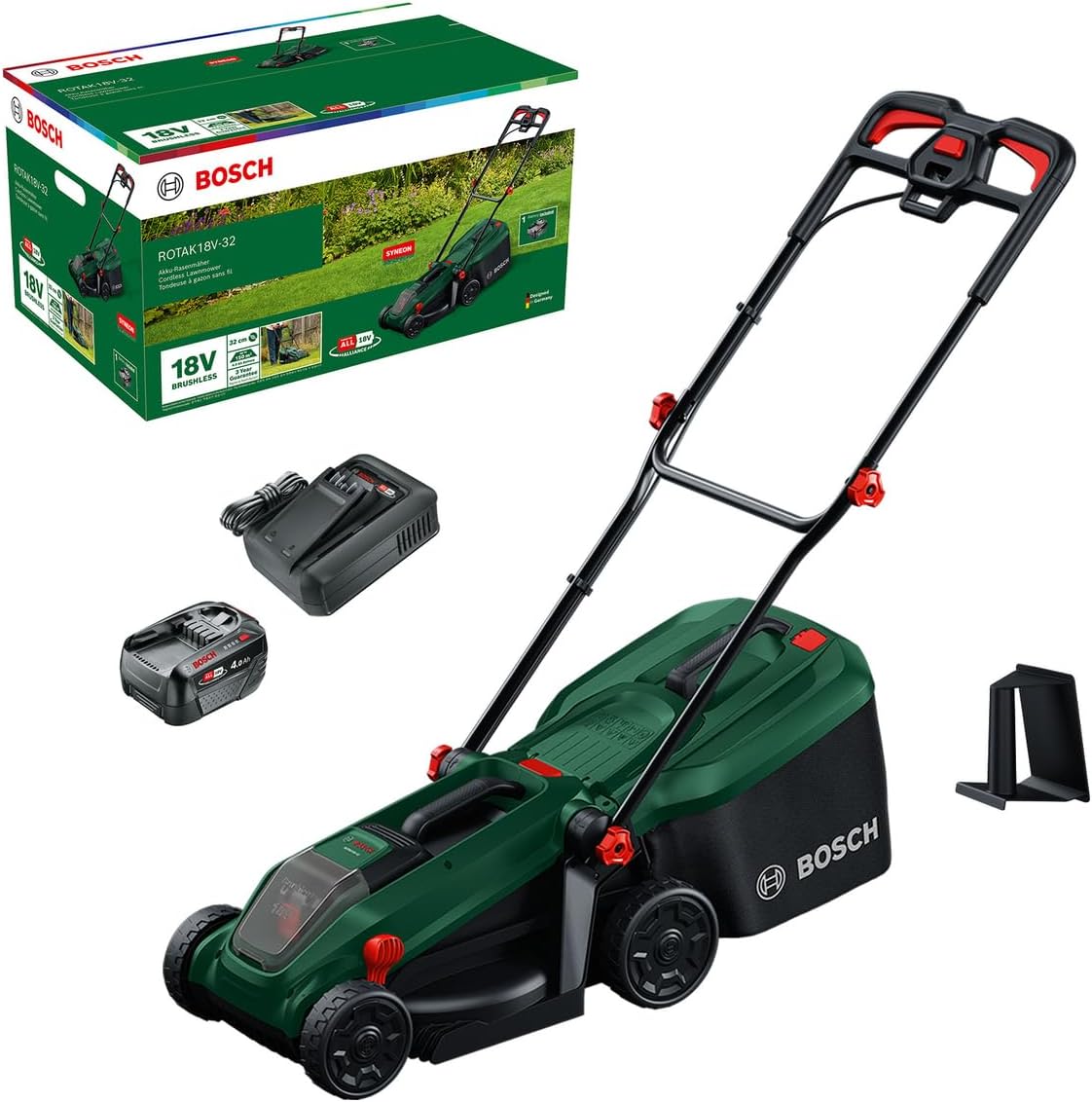 Bosch Cordless Lawn Mower ROTAK18V-32 (Cutting Width: 32 cm, Height of Cut: 25-65 mm, 35 l Fabric Grass Bag, Mulch plug, incl Battery and Charger)