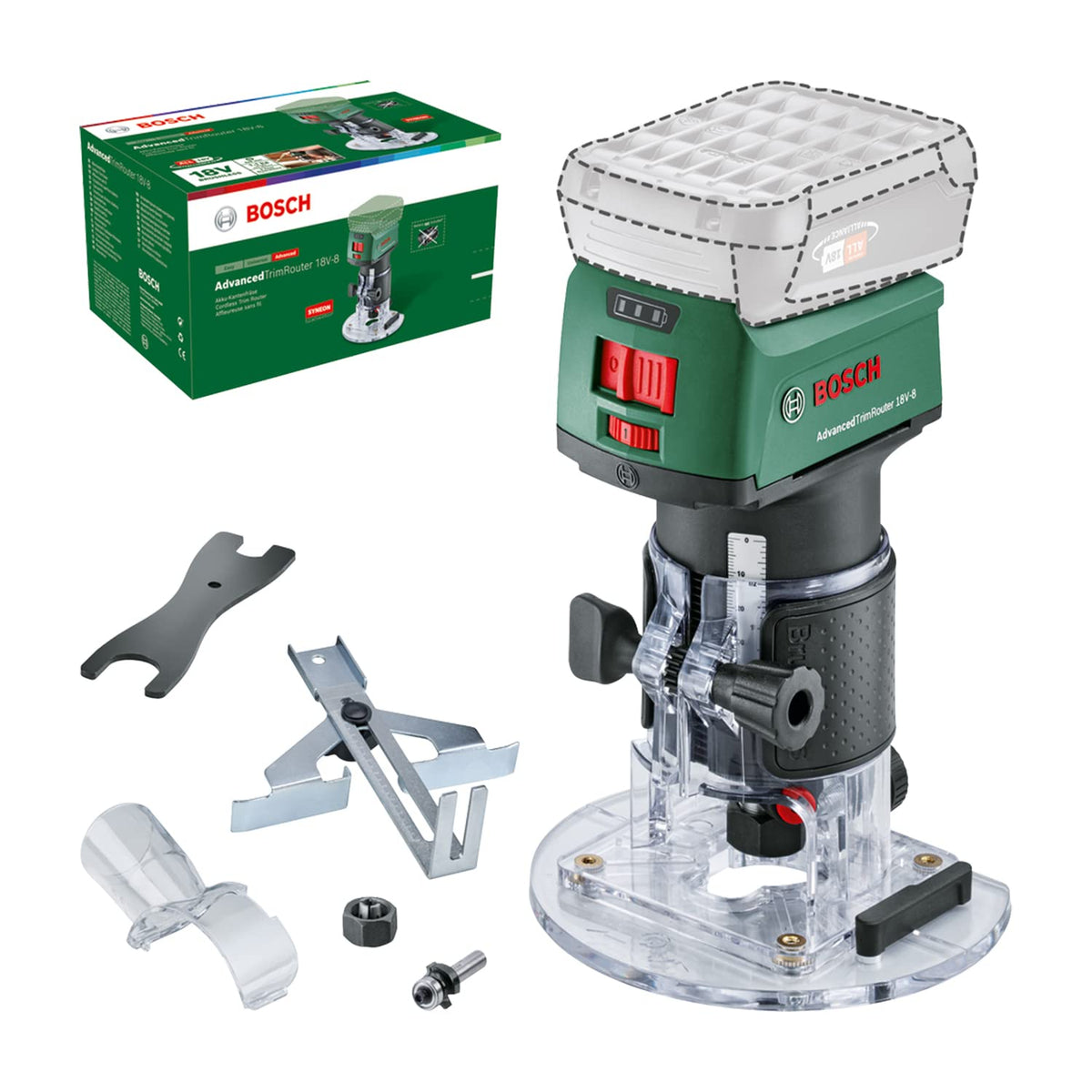 Bosch Cordless Trim Router AdvancedTrimRouter 18V-8 (Without Battery, 18 Volt System, Brushless Motor, Additional Accessories, in Carton Packaging) – Amazon Edition