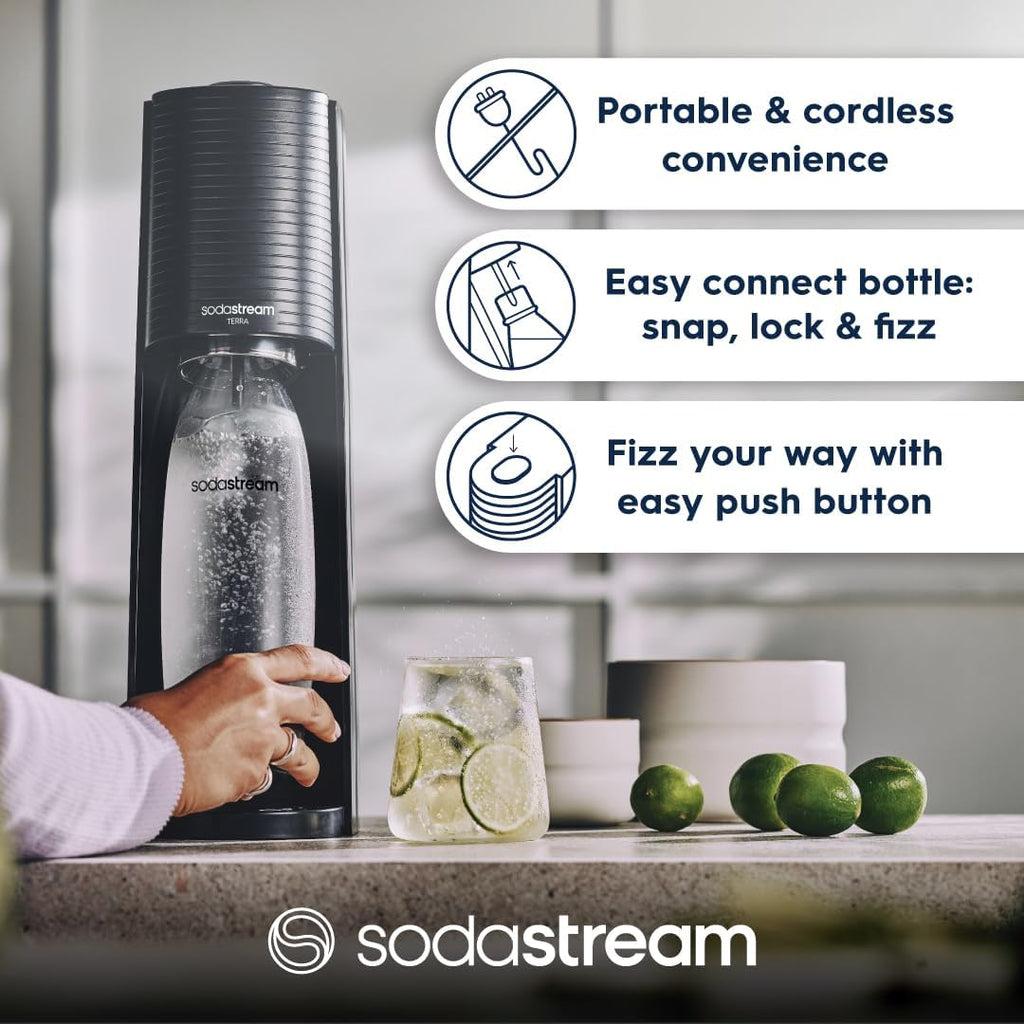 SodaStream - Terra Sparkling Water Maker starter bundle, Quick Connect CO2 System, Includes 60L Gas Cylinder, 1 x 440ml Pepsi Max, BPA-Free 1L Bottle, Eco-Friendly & Reduces Plastic Waste, Black