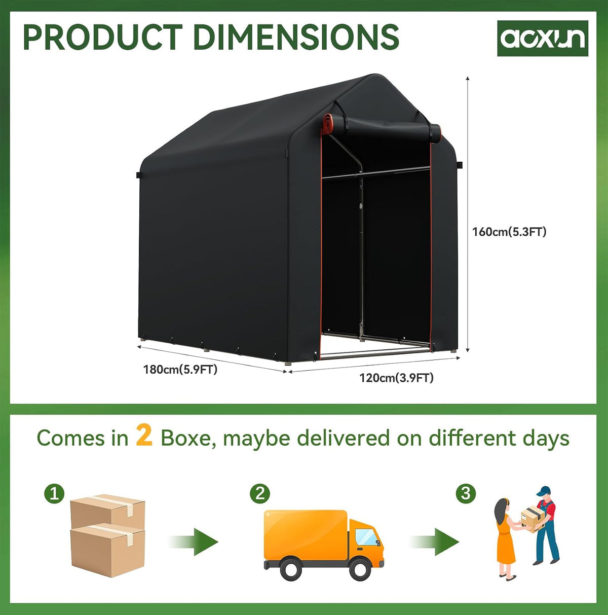 Aoxun 1.8x1.2M Heavy Duty Outdoor Storage Shed, Portable Waterproof Bike Shed Shelter and Garden Storage Tent, Roll-up Door Carport for Motorcycle and Lawn Tools, Black