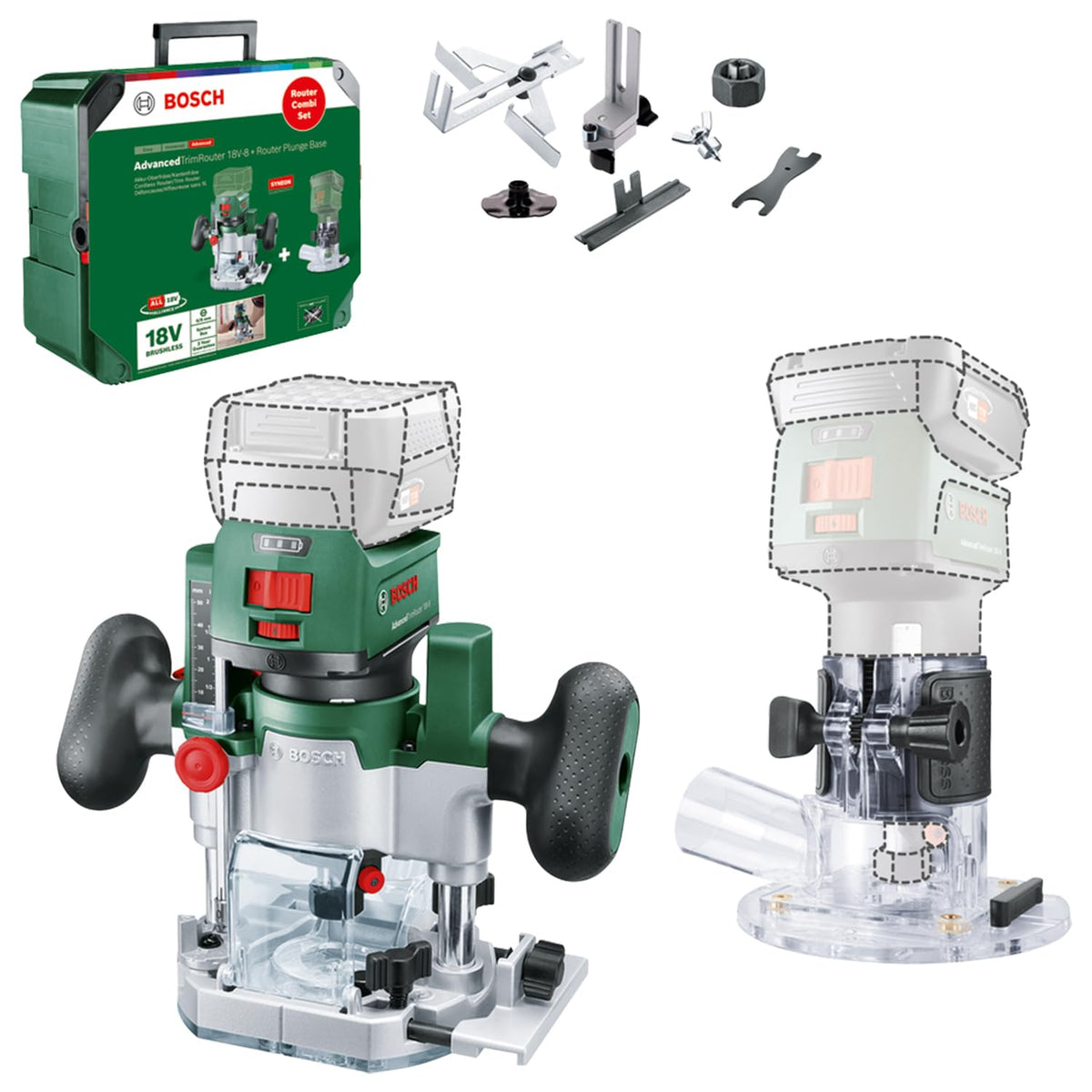 Bosch Cordless Trim Router AdvancedTrimRouter 18V-8 (Without Battery, 18 Volt System, Brushless Motor, Additional Accessories, in Carton Packaging) – Amazon Edition
