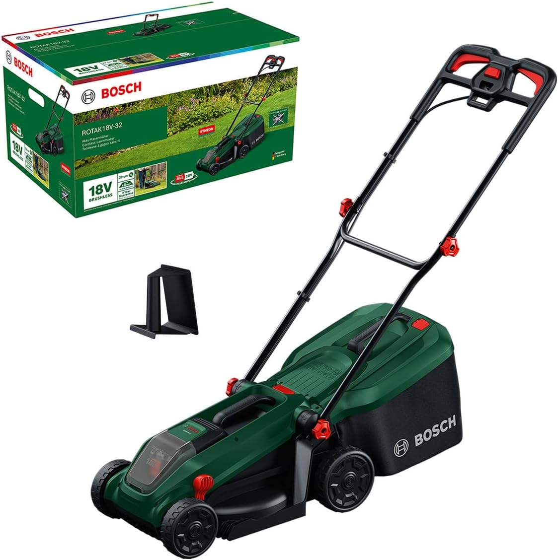 Bosch Cordless Lawn Mower ROTAK18V-32 (Cutting Width: 32 cm, Height of Cut: 25-65 mm, 35 l Fabric Grass Bag, Mulch plug, without Battery)
