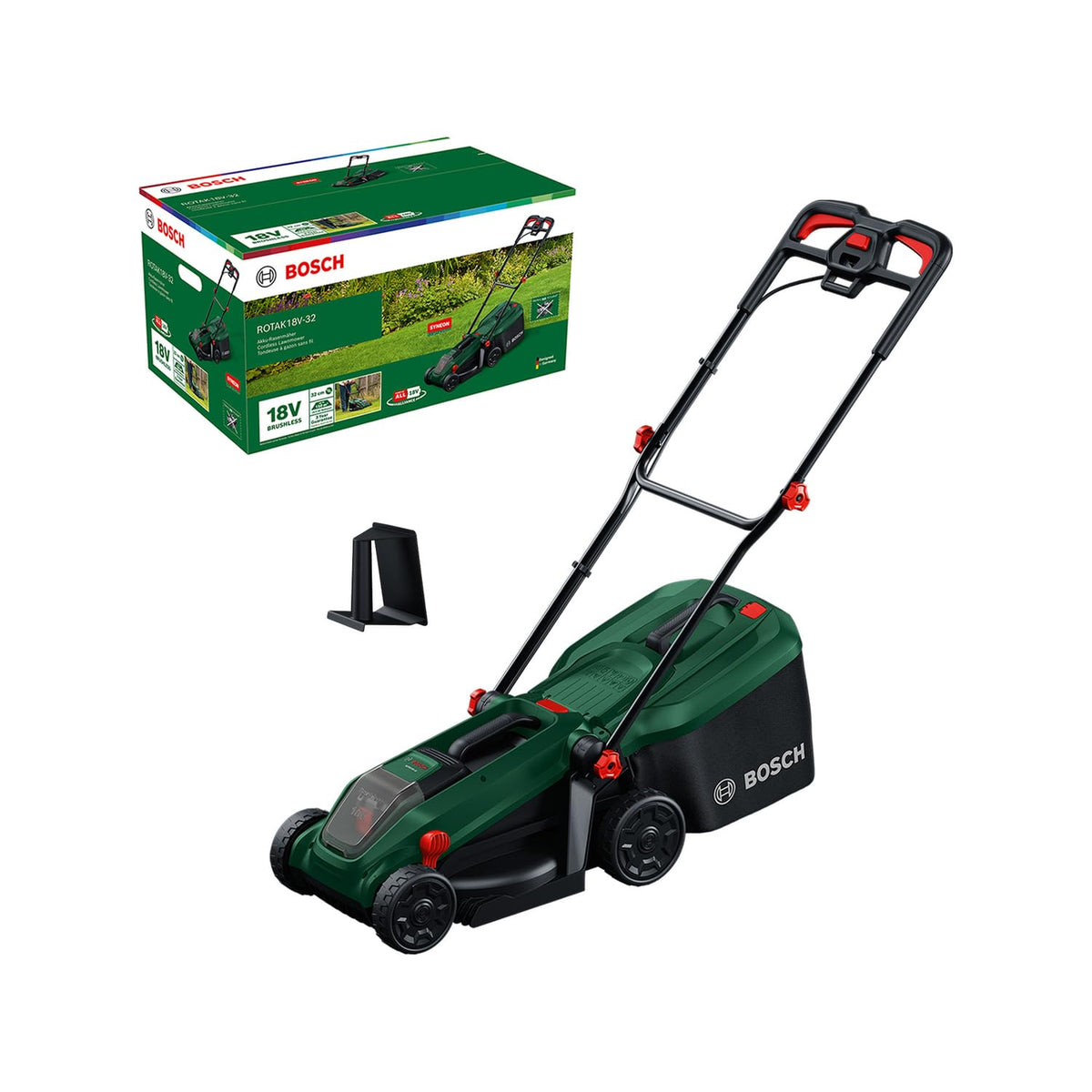 Bosch Cordless Lawn Mower ROTAK18V-32 (Cutting Width: 32 cm, Height of Cut: 25-65 mm, 35 l Fabric Grass Bag, Mulch plug, incl Battery and Charger)