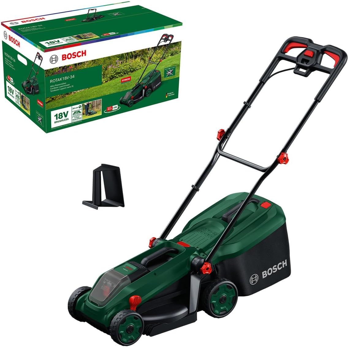 Bosch Cordless Lawn Mower ROTAK18V-34 (Cutting Width: 34 cm, Height of Cut: 25-65 mm, 35 l Fabric Grass Bag, Mulch plug, without Battery)