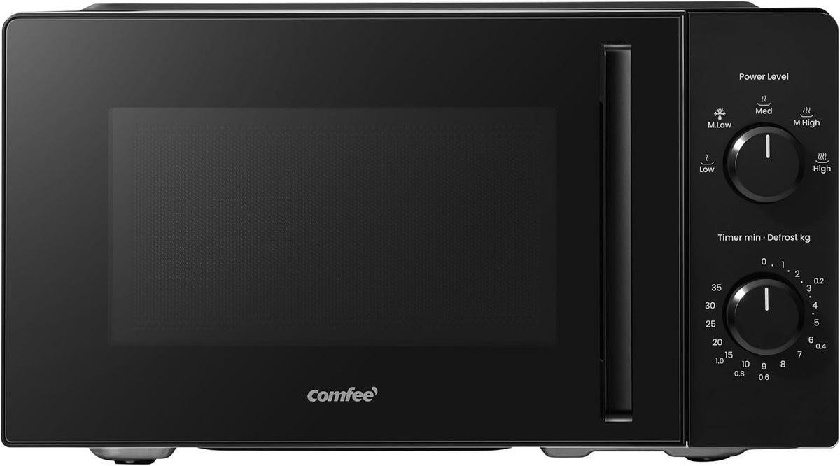 COMFEE' 20L Compact Black Microwave Oven, 700W Solo Manual Countertop Microwave with 5 Power Levels, Quick Defrost, Easy Clean, Dial Timer, Ideal for Small Kitchens - CMO-MM20L2NFPF(BK)