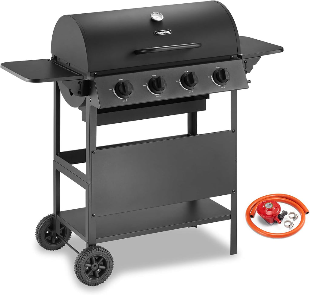 VonHaus Gas BBQ – Barbecue with x4 Gas Burners, Warming Rack, Fold Down Shelves, Temperature Gauge, Wheels, Large Cooking Grill & More – Barbeque that can Grill Meat, Fish & Vegetables