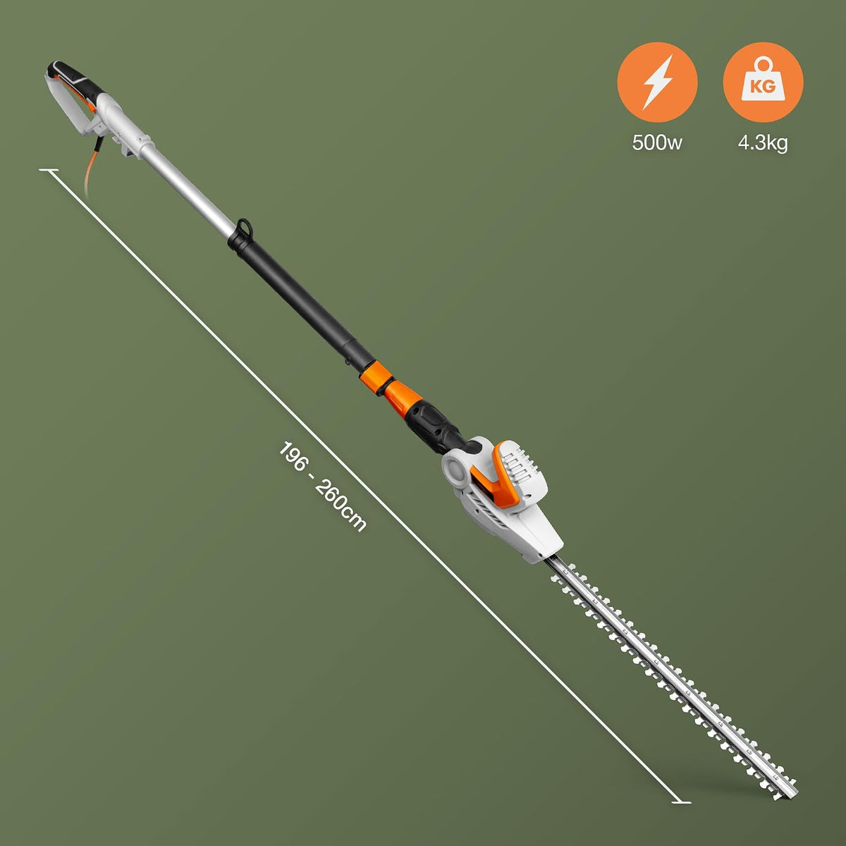 VonHaus Pole Hedge Trimmer Corded 500W – 10m Cable, Blade Cover, 45cm Blade