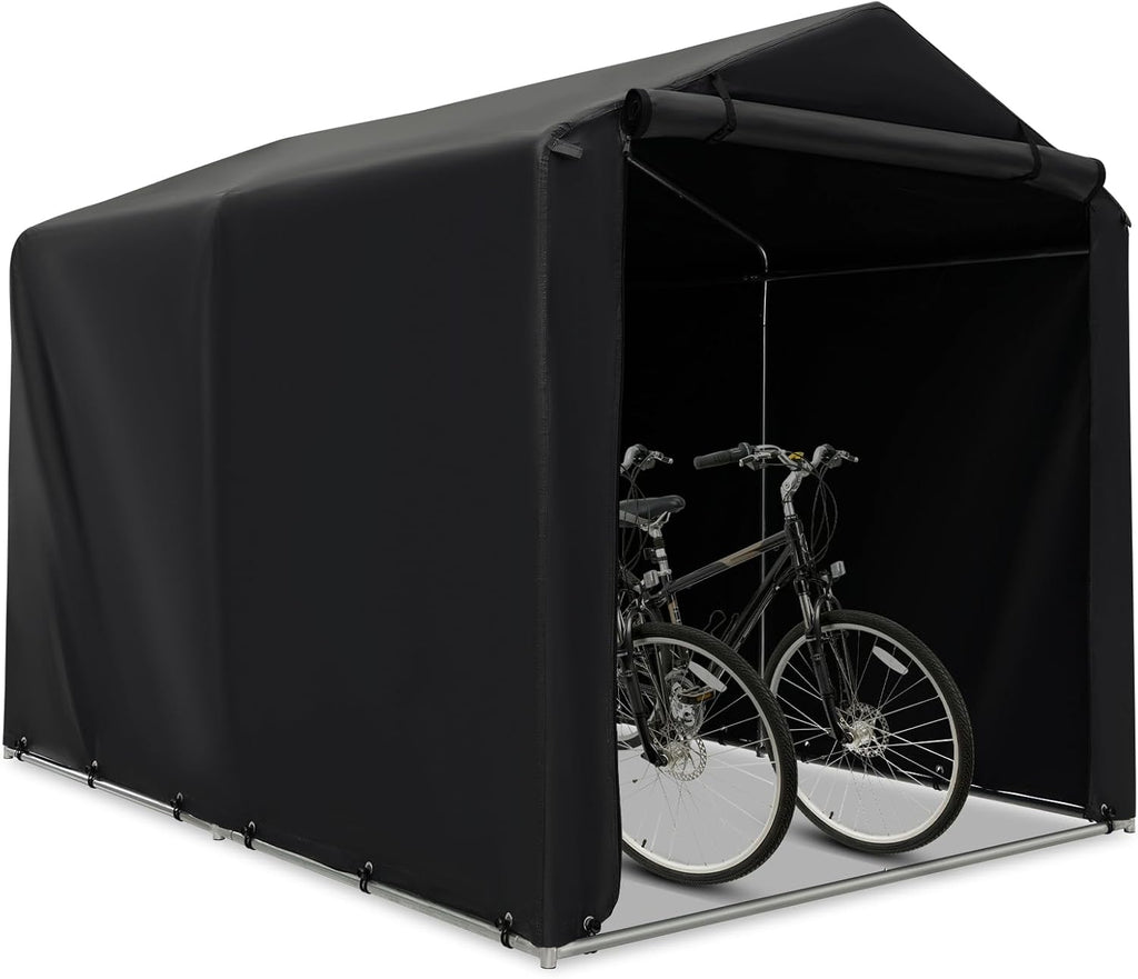 COSTWAY 7x5.2FT Outdoor Storage Shed, Waterproof Garden Bike Tent with Roll-up Zipper Door and Gloves, Galvanized Steel Motorcycle Tool Storage Shelter Carport for Patio Yard Garage (Dark Grey)